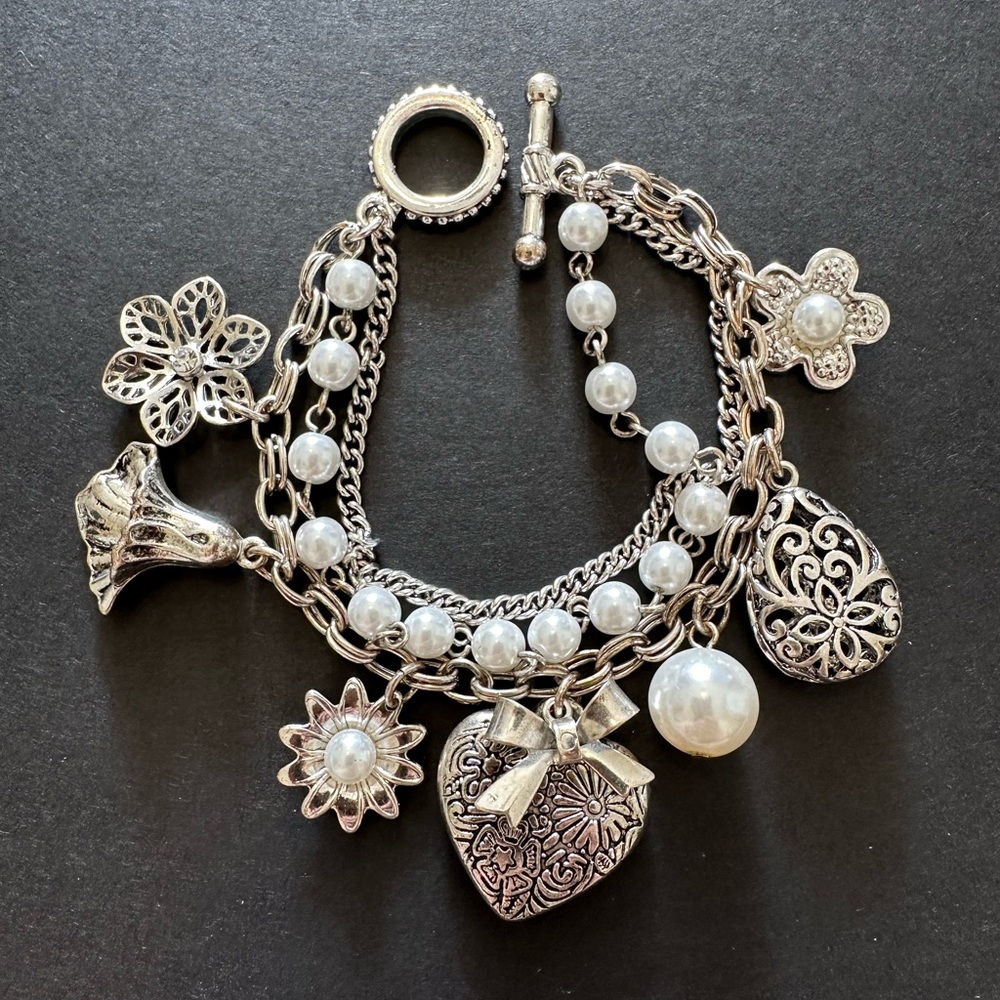 Triple Strand Silver Tone & Pearl Charm Bracelet Ornate Hearts and Floral Charms